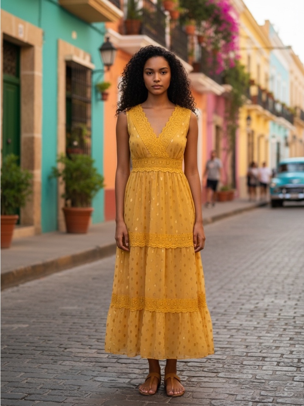 Yellow and Gold Tiered Bohemian Dress Lace Detail Size Small Summer Boho